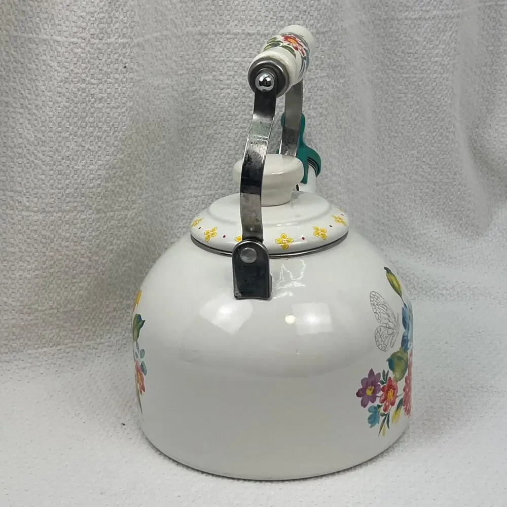 The Pioneer Woman Blooming Bouquet Whistling Tea Kettle White EUC With Handle